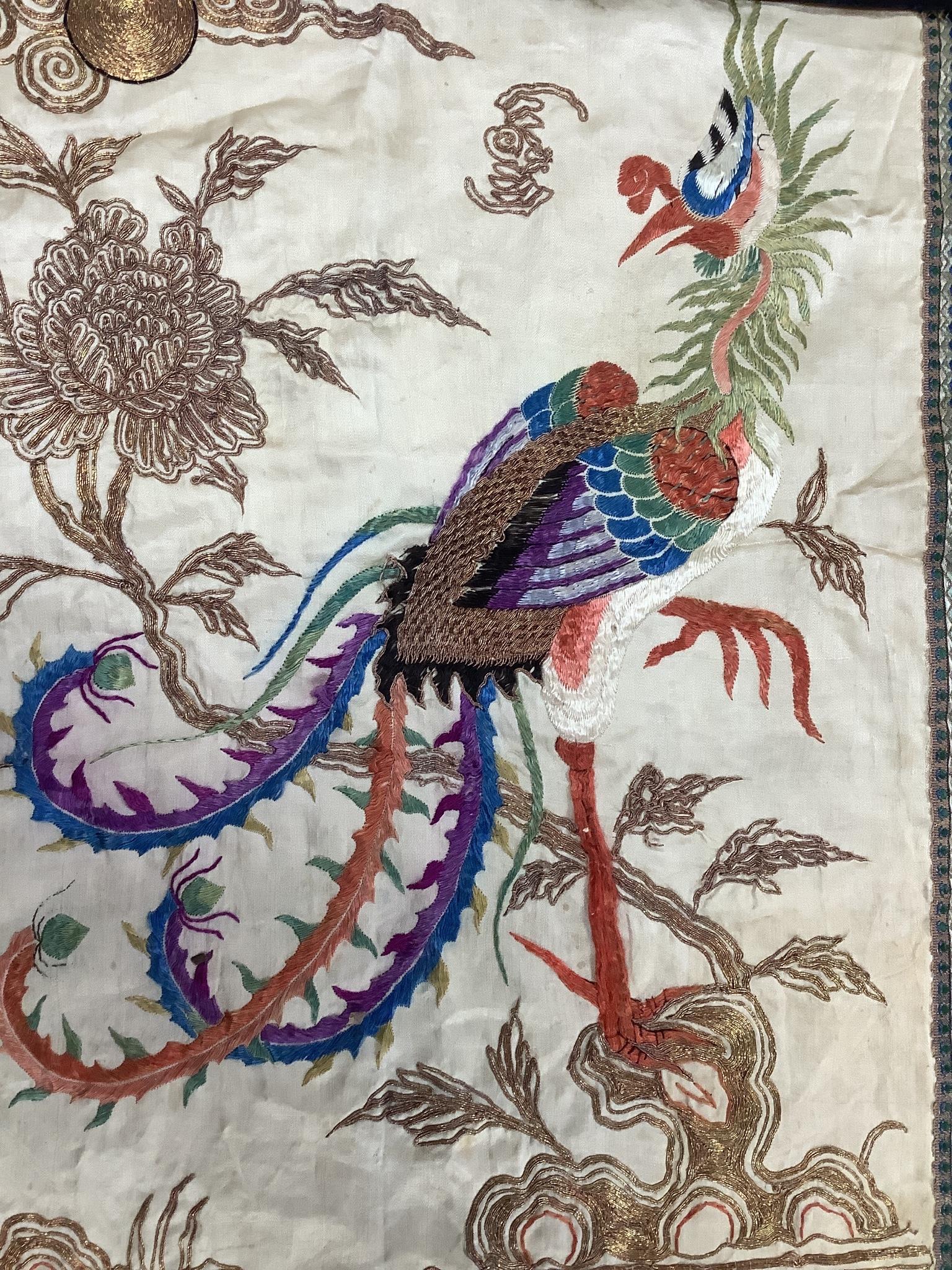 A Chinese embroidered silk panel of a phoenix, 84.5 x 54 cm, an Indian silk panel and a metal beadwork purse